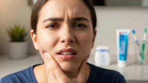 individual-indicating-jaw-pain-with-dental-care-products-in-the-background